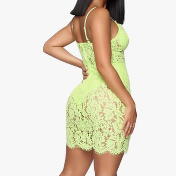 NWOT Neon Green Sheer Floral Lace Pattern Spaghetti Strap Dress - Size M - Picture 4 of 8